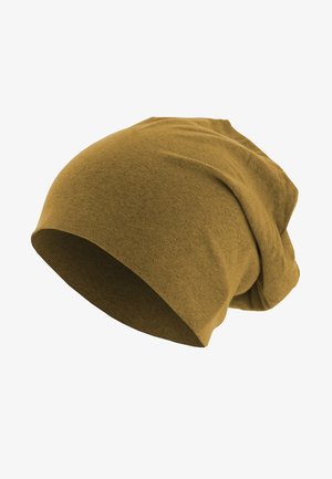 Rjava kapa beanie iz mehkega blaga, s slouchy obliko, gladko teksturo in brez vidne kovinske opreme ali vzorcev.