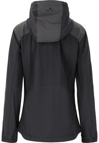 Svart vattentät jacka med grå huva och axeldetaljer. Den har lång ärm och en strömlinjeformad design med minimal hårdvara.