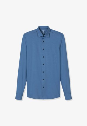 Lange mouw blouse van lichtblauwe stof met een button-down voorkant en zwarte knopen; heeft een klassieke kraag en gestikte manchetten.