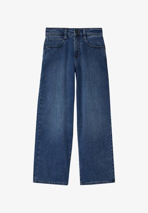 Džínsy s širokými nohavicami v tmavom denimovom prevedení, s piatimi vreckami, jemným vyblednutím a detailmi prešívania. Priamy strih od pásu až po lem.
