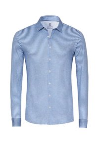 Blauw overhemd met witte verticale strepen, lange mouwen en een kraag, gepresenteerd tegen een witte achtergrond.