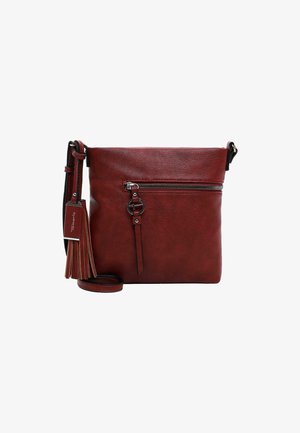 Red leather crossbody bag with a zippered front pocket, adjustable strap, and tassel detail. Smooth texture with a minimalist design.