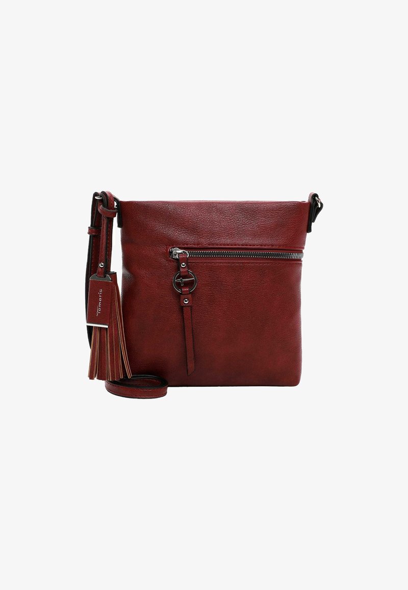 Red leather crossbody bag with a zippered front pocket, adjustable strap, and tassel detail. Smooth texture with a minimalist design.