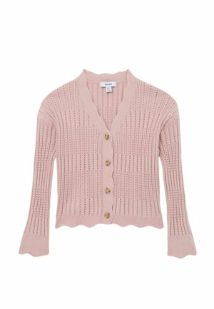 Rosa gestrickte Strickjacke mit geschwungenem Saum, gerippter Struktur, offenem Vorderteil und fünf goldenen Knöpfen. Mit langen Ärmeln in Glockenform.