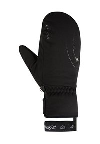 Schwarze isolierte Fäustlinge mit einem gequilteten Muster, ausgestattet mit verstärkten Nähten und einem schwarzen Riemen mit Logo. Reißverschluss für ein einfaches An- und Ausziehen.