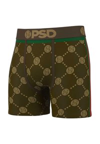 Olíva zöld boxer alsónadrág, melynek mintázata logókkal és hálós textúrával rendelkezik, barna derékpánttal és zöld, valamint piros oldalsó kiegészítőkkel.