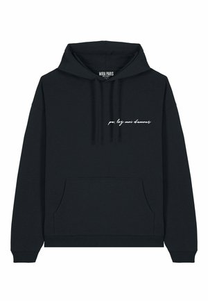 Sweatshirt noir à capuche avec poche avant, capuche à cordon et texte en cursive blanche. Fait en tissu doux, avec des poignets et un ourlet côtelés.
