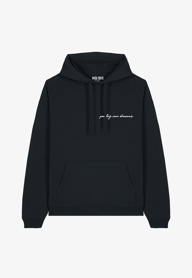 Sweatshirt noir à capuche avec poche avant, capuche à cordon et texte en cursive blanche. Fait en tissu doux, avec des poignets et un ourlet côtelés.