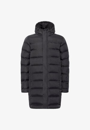 Black padded coat with a high collar, front zipper, and two side pockets. Features a straight silhouette and quilted texture. Lightweight material.