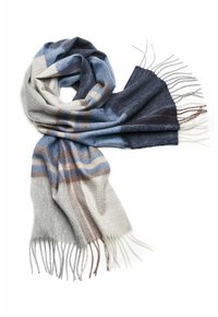 Woven scarf featuring gray, blue, and navy stripes, with fringe edges and a soft texture, designed for warmth and comfort.