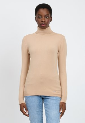 Beige Rollkragenpullover mit langen Ärmeln, gerippten Bündchen und Saum, aus einem weichen, glatten Stoff hergestellt. Keine auffälligen Muster oder Akzente.