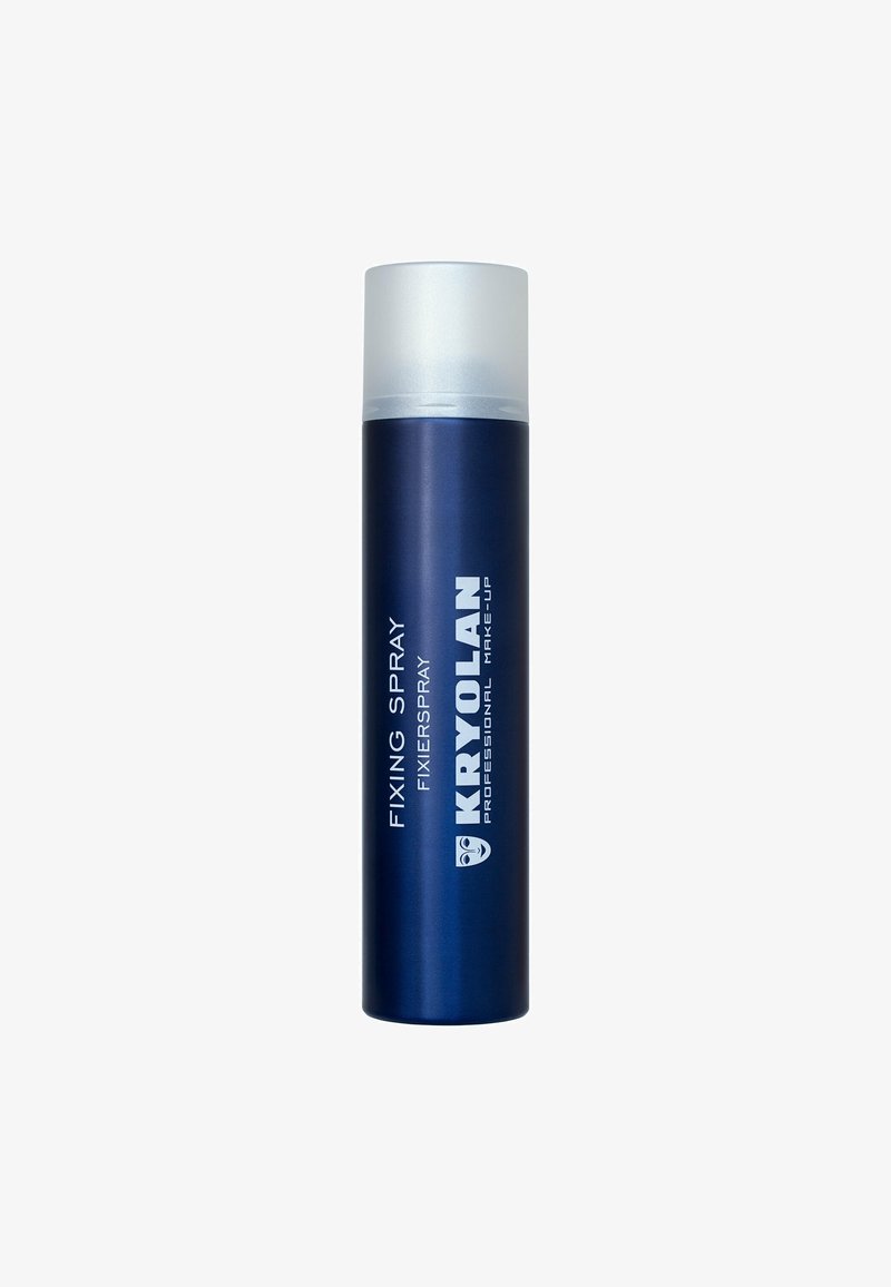 Kryolan Fixierspray in einer dunkelblauen, zylindrischen Flasche mit matter Oberfläche und einem klaren Deckel. Die Vorderseite zeigt weiße Produktbeschriftung.