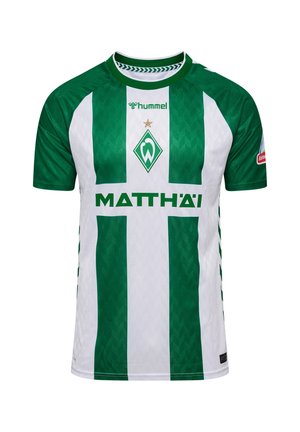 Grøn og hvidstribet fodboldtrøje med korte ærmer, Werder Bremen-logo, Hummel-mærke og Matthäi-sponsor foran.