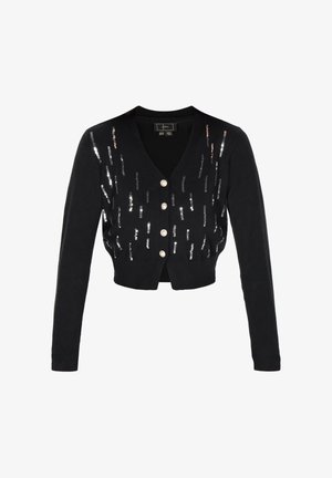 Czarny krótki kardigan z długimi rękawami, w serek, ozdobiony srebrnymi cekinami w pionowe wzory, z pięcioma guzikami z przodu.
