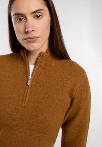 Suéter marrón con cremallera y cuello alzado, hecho de un material suave y texturizado con cuello acanalado y cremallera. Presenta una silueta ajustada y un diseño minimalista.