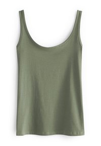 Débardeur vert olive en tissu doux, avec un col rond et de larges bretelles, au design simple et sans ornement.