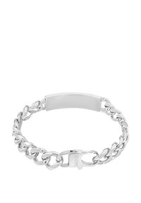 Bracciale in argento con una piastra centrale rettangolare liscia. Presenta elementi della catena attorcigliati e intrecciati e un fermo sicuro.