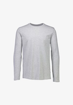 Camicia a maniche lunghe in cotone grigio chiaro. Presenta un collo rotondo e una vestibilità rilassata, con dettagli di cucitura minimi.
