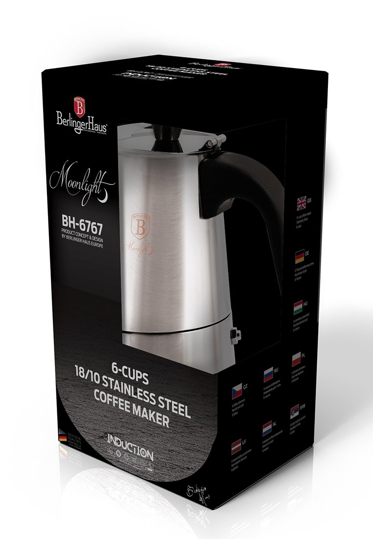 Caffettiera in acciaio inossidabile con manico nero, progettata per 6 tazze, con base a induzione, mostrata nella sua confezione.