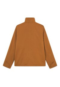 Giubbotto marrone a maniche lunghe con colletto alto. Texture liscia e opaca. Presenta slits laterali sui polsini e un design semplice, senza embellimenti.