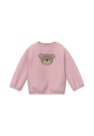 Rosa Sweatshirt mit langen Ärmeln für Kleinkinder mit einer weichen braunen Teddybär-Applikation auf der Vorderseite und Druckknöpfen an der Schulter.