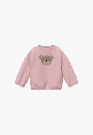 Rosa Sweatshirt mit langen Ärmeln für Kleinkinder mit einer weichen braunen Teddybär-Applikation auf der Vorderseite und Druckknöpfen an der Schulter.