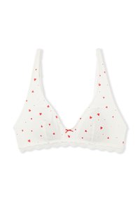 Weißer BH mit rotem Herzmuster. Weicher, gerippter Stoff, verstellbare Träger, Spitzenbesatz und eine kleine rote Schleife in der Mitte vorne.