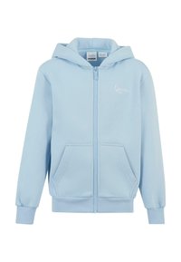 Svetlomodrá mikina na zips vyrobená z mäkkej bavlnenej látky, s prednou vreckom a kapucňou so šnúrkami. Jednoduché biele logo na hrudi.