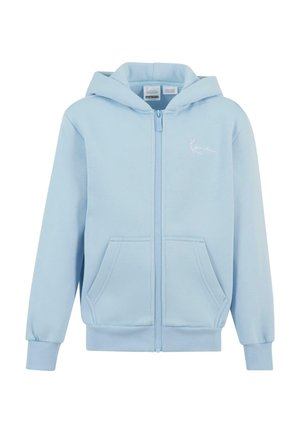 Hellblaues Zip-Hoodie aus weichem Baumwollstoff, mit einer Fronttasche und Kapuze mit Zugband. Einfaches weißes Logo auf der Brust.