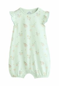 Lys grøn baby romper med korte volangærmer, prydet med et pastel dyre- og blomstermønster, med trykknaplukninger i bunden.