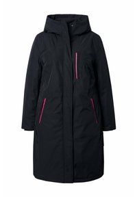 Musta takki korkealla kauluksella ja hupulla, jossa on kaksi sivutaskua ja yksi rintatasku, jossa on vaaleanpunaiset vetoketjut kontrastina. Sujuva, vedenkestävä materiaali.