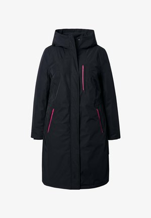 Czarna kurtka z wysokim kołnierzem i kapturem, wyposażona w dwie boczne kieszenie oraz jedną kieszeń na klatce piersiowej z różowymi zamkami dla kontrastu. Gładki, wodoodporny materiał.