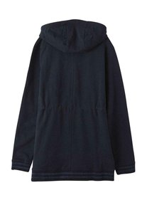 Haut à capuche bleu marine avec un cordon de serrage, des manches longues et une taille froncée. Présente des poignets et un ourlet rehaussés de métaux. Texture lisse.