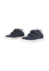 Scarpe in pelle blu navy con dettagli bianchi, dotate di due cinturini regolabili in velcro e dettagli perforati sui lati. Design classico a bassa altezza.
