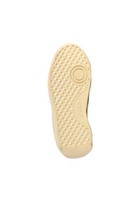 Semelle de chaussure en caoutchouc avec un motif en losange texturé, couleur blanc crémeux, talon arrondi et un détail de logo circulaire près de la semelle intermédiaire.