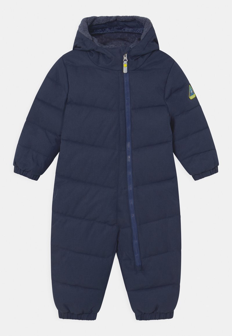 Granatowy, puchowy kombinezon z zamkiem z przodu, elastycznymi mankietami i podszewką w kapturze. Wykonany z teksturowanego materiału z poziomym wzorem pikowania.