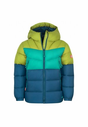 Gepolsterte Kinder-Winterjacke mit blauen, blaugrünen und grünen Farbfeldern, Kapuze, vorderem Reißverschluss und norwegischem Flaggen-Aufnäher am linken Ärmel.
