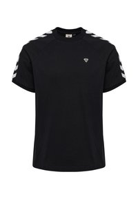 Zwarte T-shirt van katoen, met raglanmouwen en witte chevronstrepen, en een klein logo op de borst. Standaard pasvorm.