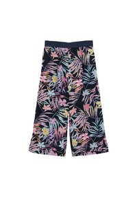 Brede broek met bloemenprint op een marineblauwe achtergrond. Voorzien van kleurrijke bladeren en bloemen, gemaakt van lichte stof met een elastische tailleband.