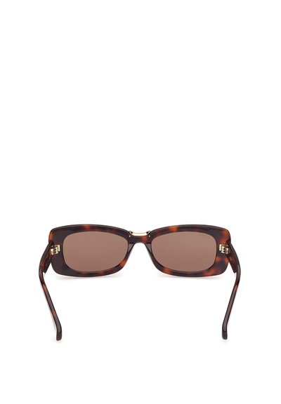 Rectangular tortoiseshell sunglasses with brown tinted lenses and gold accents on frame hinges, shown from the front on a white background.