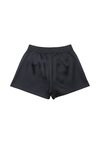 Pantaloncini neri in raso a vita alta con vestibilità rilassata e vita elasticizzata, texture liscia, adatti per un abbigliamento casual o da relax.