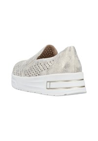 Slip-on shoe with a metallic silver upper featuring perforations, white midsole, and a textured back with gold accents on the sole.