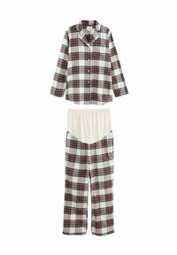 Plaid pajama set featuring a button-up shirt and elastic waist pants. Colors include red, green, and white, with a soft texture.