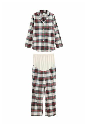 Plaid pajama set featuring a button-up shirt and elastic waist pants. Colors include red, green, and white, with a soft texture.