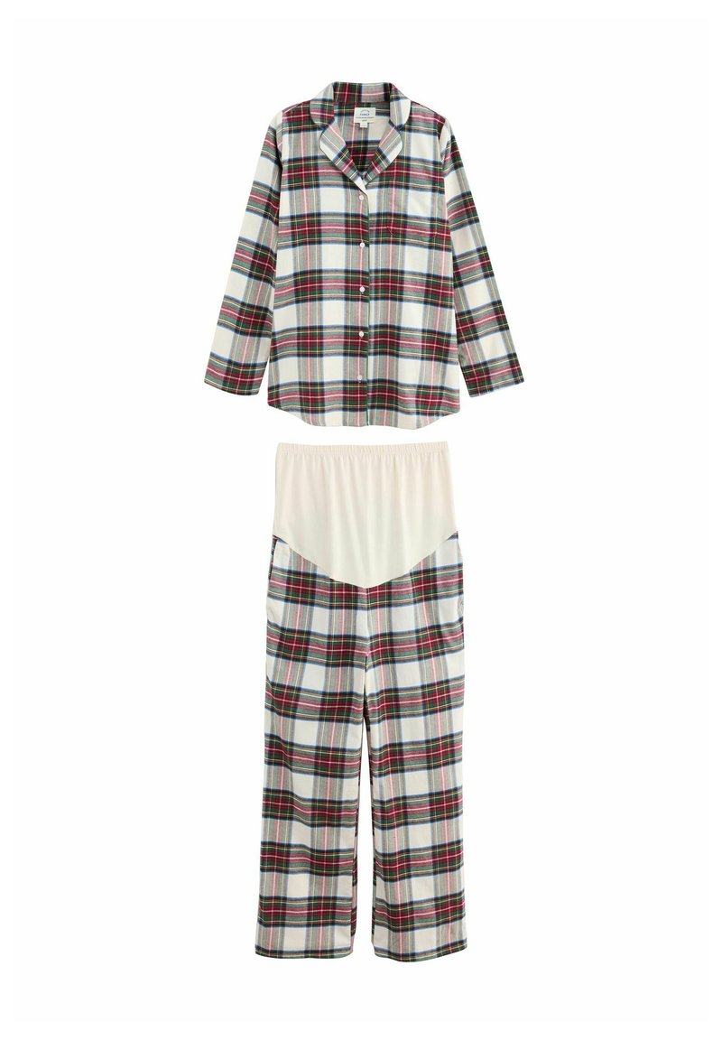 Plaid pajama set featuring a button-up shirt and elastic waist pants. Colors include red, green, and white, with a soft texture.