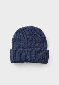 Knit beanie in dark navy with a textured pattern. Features a fold-over cuff and multicolor flecks throughout the yarn. Soft material.