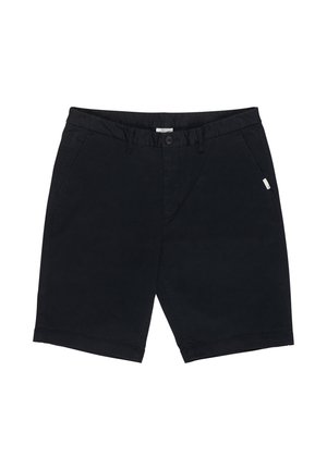 Sorte herreshorts i knælang længde med knaplukning, bæltestropper, sidelommer og en lille hvid mærkat på højre lomme.