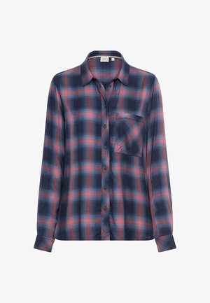 Overhemd met lange mouwen, knoopsluiting, in marineblauw, rood en lichtblauw ruitpatroon. Voorzien van een borstzak, kraag en knoopmanchetten. Zachte stof.