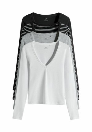 Neli pika varrukaga T-särki: üks ühtlane valge V-kaelusega, üks heledat halli, üks tumedat halli ja üks must valgete triipudega. Puuvillane kangas.