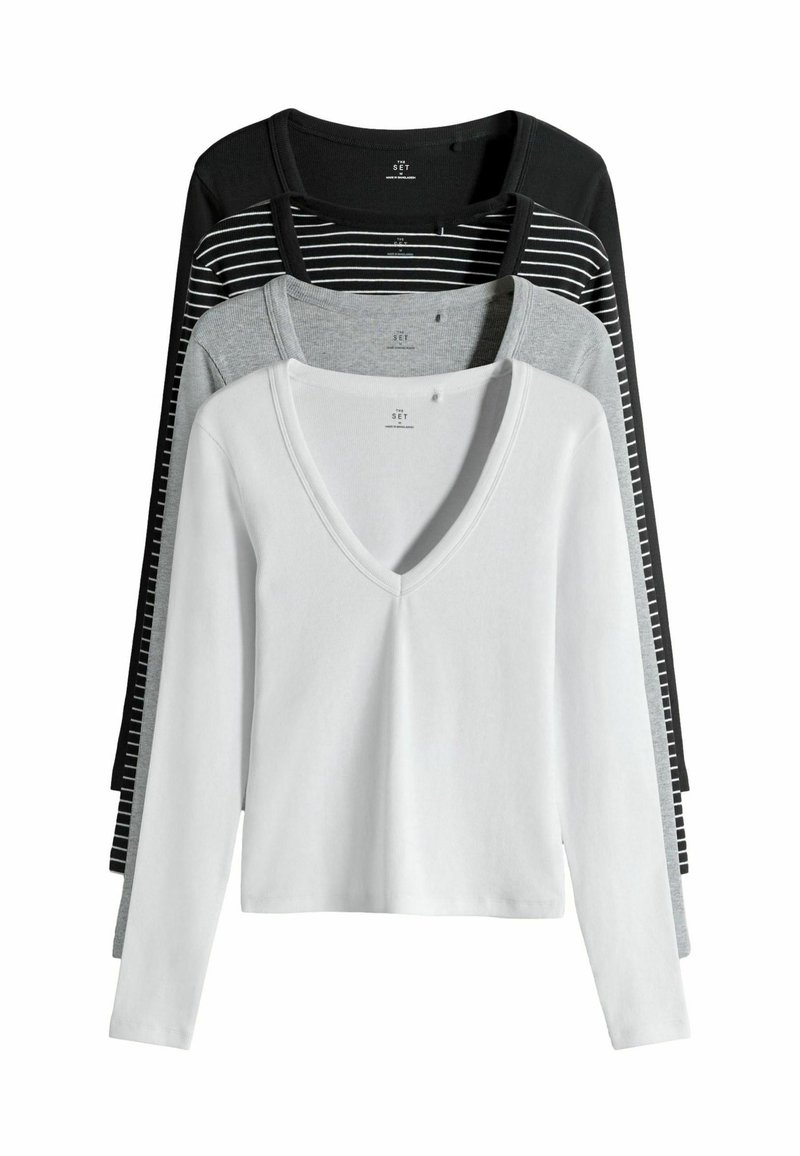 Četras garas piedurknes T-krekli: viens vienkrāsains balts ar V veida kakla izgriezumu, viens gaiši pelēks, viens tumši pelēks un viens melns ar baltām svītrām. Kokvilnas audums.